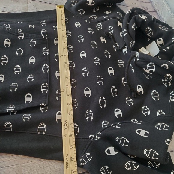 Champion Reverse Weave Hoodie Men's Small Black All Over Logo Side Stretch Flaw - Picture 11 of 14